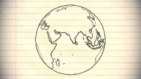 Tierra-Dibujo-Papel-Dibujos-Animados-Dibujado-A-Mano-Animación-Girando-Globo-Mundo-Pluma-Bucle